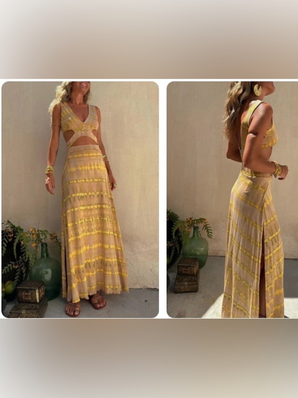Elegant geometric midsection cut out Tan Maxi Dress with slits up the side.